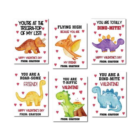 "Dinosaur Valentine Cards for Kids Does your child love dinosaurs? If so, then these editable dinosaur valentine tags are perfect for you! They're great for kids valentines or school classrooms, or even just to add a little fun to your regular valentine cards. The tags are a digital file that you edit and print. They make Dino-Mite treat tags for all your valentine gifting needs. * Cards measure 3\" x 4\" * All text is Editable * 6 designs included :: DEMO :: these cards now, Try before you buy, Dinosaur Valentine Cards, Dino Valentines, Dinosaur Valentine, Dinosaur Valentines, Classroom Valentines, Valentines Gift Tags, Kartu Valentine, Printable Valentines Cards, Preschool Valentines