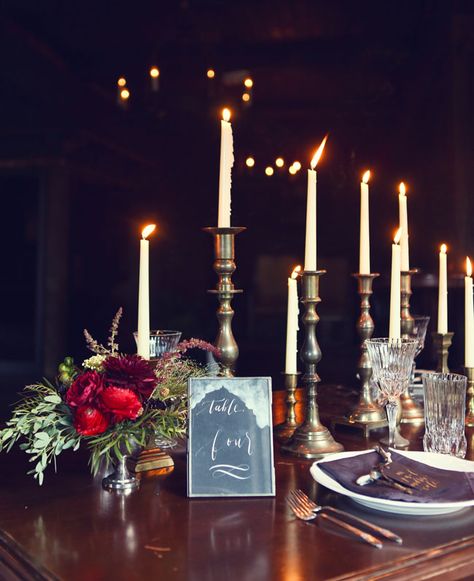 skinny candlestick decor, Sleepy Hollow-inspired inspiration shoot Sleepy Hollow Wedding, Haunted Decor, Witchy Party, Medieval Wedding Theme, Candlelight Wedding, Candlestick Decor, Gothic Weddings, Gothic Wedding Theme, Halloween Weddings