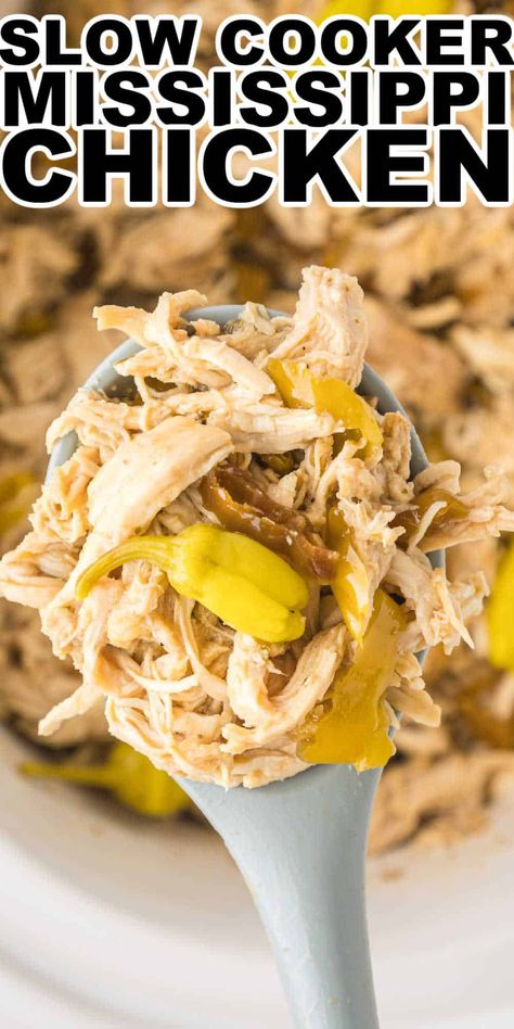 Slow Cooker Mississippi Chicken is a simple 5 ingredient recipe that all you do is dump the ingredients into the slow cooker and let it cook. Come dinner time you have a tender chicken that is perfect for eating as the main dish alone or making Mississippi chicken sandwiches with. Shredded Sandwiches, Casserole Dinners, Mississippi Chicken, Chicken Crockpot Recipes Easy, Kfc Recipe, Mississippi Pot Roast, Plain Chicken, Crockpot Dinners, Pot Dinners