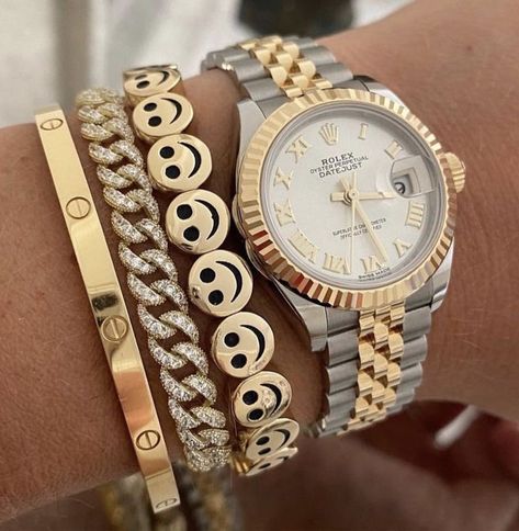 Liza Gozlan Bracelets, Strange Accessories, Pretty Stacks, Lisa Gozlan, Smiley Bracelet, Gold Food, Wrist Stack, Wrist Stacks, Wristband Bracelet