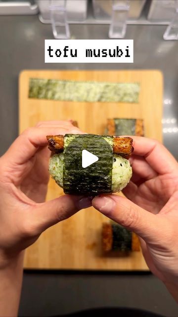 cafe maddy on Instagram: "tofu musubi • I guarantee you this is so yummy!! Enjoy ☺️  The sauce mix in the video is just enough for 1/2 container of extra firm tofu, and I seasoned 1.5 cup of rice with seaweed furikake and a pinch of salt.   I got really inspired by some non-spam musubis I had in Hawaii and I’m really excited to try it with some Korean toppings! Let me know what else I should try next as a musubi topping ☺️  #musubi #hawaii #koreanfusion #korean #tofu #vegetarian #vegan #healthyrecipe" Veggie Musubi, Tofu Musubi, Cafe Maddy, Rice With Seaweed, Musubi Recipe, Korean Tofu, Asian Meals, Firm Tofu, Cup Of Rice