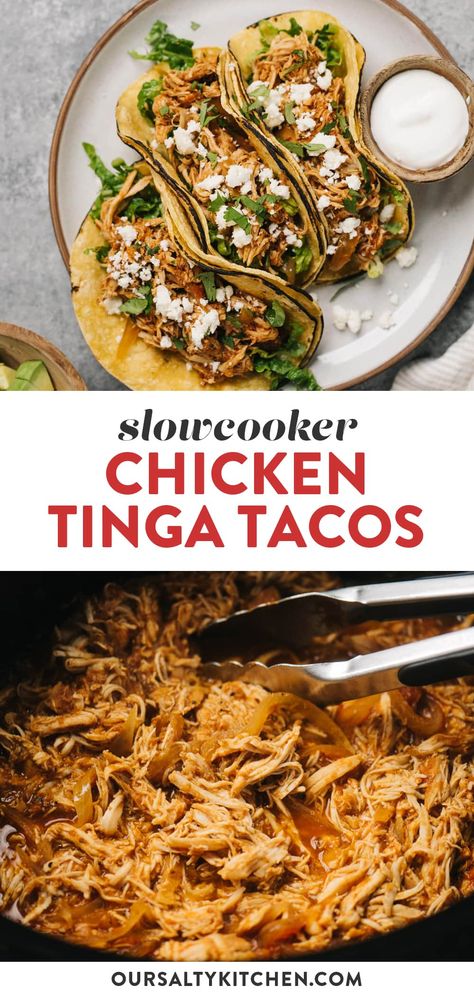 Have it your way with slow cooker chicken tinga - a smokey, chipotle forward Mexican shredded chicken recipe, stuffed into tacos or bowls. The crockpot does all the heavy lifting to create tender, shredded chicken infused with flavor from the very first step. Stuff into tortillas on Taco Tuesday for chicken tinga tacos, or layer with cauliflower rice and lettuce for a healthy taco bowl. Whole30, keto, and super clean! #chicken #crockpot #slowcooker #tacos #healthyrecipes #keto #whole30 Chipotle Shredded Chicken, Slow Cooker Chicken Tinga, Tender Shredded Chicken, Chicken Tinga Tacos, Shredded Chicken Recipe, Tinga Tacos, Chicken Tinga Recipe, Pulled Chicken Tacos, Chicken Taco Bowls