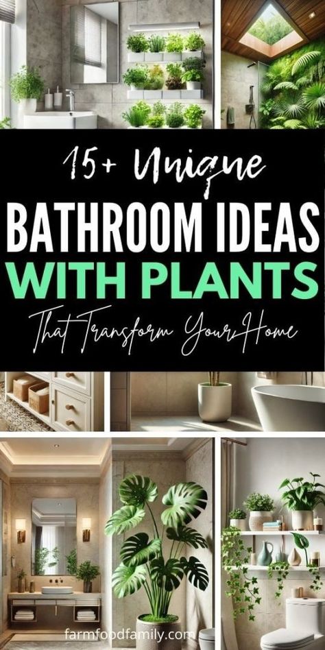 15+ Unique Bathroom Ideas with Plants That Transform Your Home 64 Plant Ideas For Bathroom, Bathroom Living Wall, Plant Shelves Bathroom, Boho Plant Bathroom, Plant Bathroom Ideas, House Plants In Bathroom, Snake Plant In Bathroom, Plants In Bathrooms, Bathroom Plant Decor