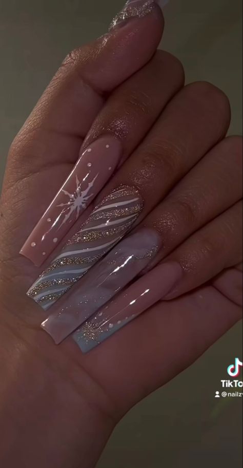 Winter Wonderland Nails Acrylic Pink, December Nails Long, Long Square Acrylic Nails Winter, Icy Nails Acrylic, Gel Winter Nail Designs, Pink Highlights On Blonde Hair, Acrylic Nail Christmas, Medium Length Hairstyle Women, Nails Winter Wonderland