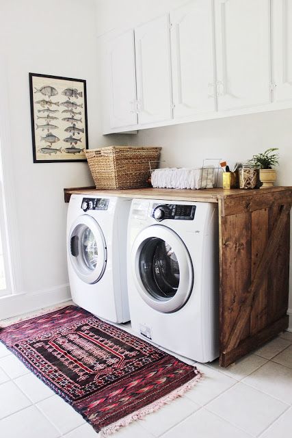 Love the use of pallets to cover the washer & dryer! ATL Thoughts Washer And Dryer Covers, Moms Kitchen, Old World Elegance, Supply Room, Laundry Room Renovation, Herringbone Backsplash, Laundry Room Inspiration, Laundry Room Diy, White Subway Tile