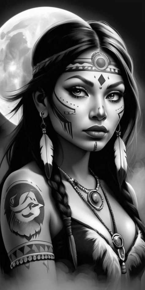 Native American Warrior Tattoos For Women, Indian Woman Tattoo Design, Native American Indians Tattoo, Native American Indians Women, Native American Woman Tattoo, Native American Queen, Indian Girl Tattoo, Indian Women Tattoo, Indian Girl Tattoos