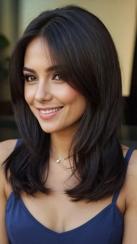 How To Style Mid Hair Length, Side Part Layered Hair Medium, Fine Hair Cuts Medium Length, Medium Length Haircut For Thick Hair Asian, Mid Length Bob Hairstyles For Fine Hair, Mid Length Hair With Layers Unstyled, Thick Brown Hair Styles, Long Bob With Fringe Fine Hair, Haircut For Thick Frizzy Hair