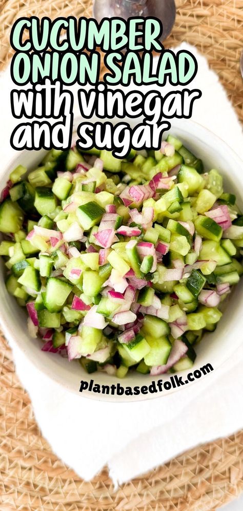 a bowl of Cucumber and onion salad with vinegar and sugar dressing Cucumber And Onion Salad, Cucumber And Onion, Cucumber Onion Salad, Cucumber Salad Vinegar, Cucumber Onion, Cucumbers And Onions, Onion Salad, Vegan Salad Recipes, Vegan Side Dishes