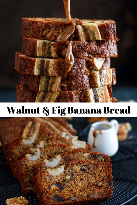 Warm and moist this homey Walnut & Fig Banana Bread spells comfort. A slice of this freshly baked bread will make you feel all is well with the world! #walnut #fig #banana #bread #baking #warm #dessert #snack Walnut Fig Bread, Banana Fig Bread, Fig Banana Bread, Fig Desserts, Fig Bread, Savory Cakes, Bread Ideas, Freshly Baked Bread, Walnut Bread