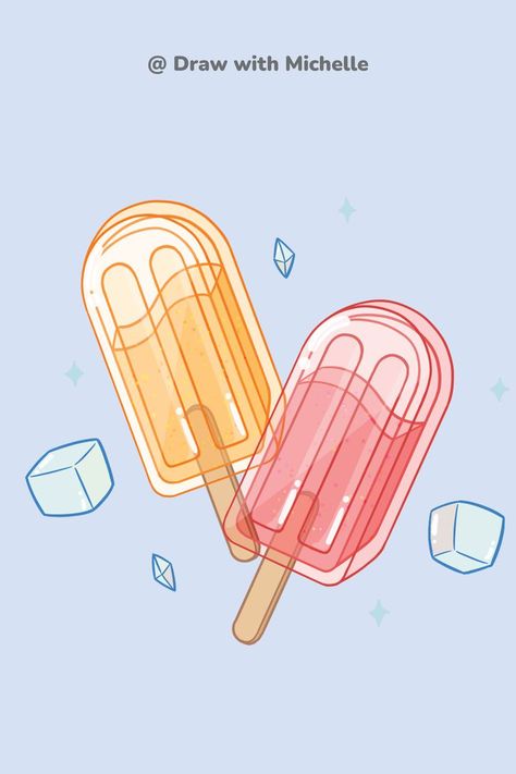 Learn how to draw simple, cute Ice Pops Step by Step | Ice Blocks | @drawwithmichelle Popsicles Drawing, Popsicle Drawing, Popsicle Illustration, Ice Drawing, Cherry Popsicles, Popsicle Art, Ice Popsicle, How To Draw Cute, Pop Illustration