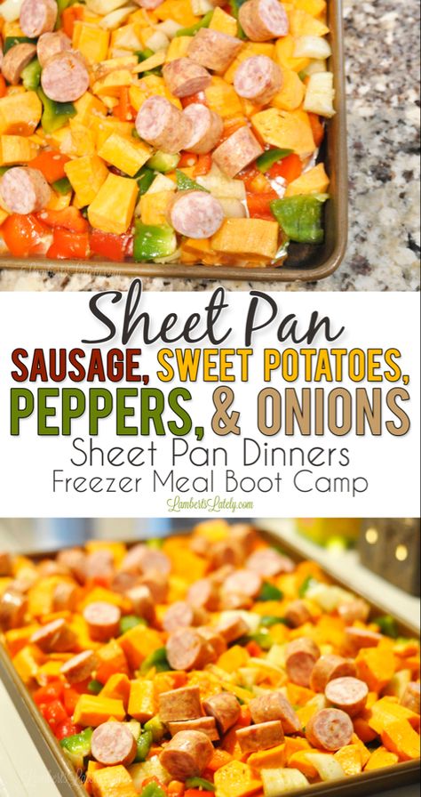 Sheet Pan Sausage, Sweet Potatoes, Peppers, & Onions is a colorful, healthy weeknight meal that's full of vegetables and flavor. Sheet pan dinners are such easy meals - they make for easy weeknight freezer meals too! Sheet Pan Sausage, Camping Meal Planning, Earthquake Cake, Healthy Freezer Meals, Sheet Pan Dinners Recipes, Delicious Clean Eating, Healthy Weeknight Meals, Pan Dinners, Freezer Meal