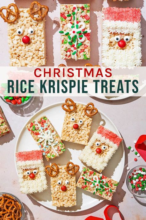 Christmas Rice Krispie Treats Easy and festive Christmas rice krispie treats, decorated with frosting and sprinkles to make the perfect dessert for kids and adults alike! Christmas Rice Crispy Treat Ideas, Christmas Desserts Rice Krispies, Holiday Rice Crispy Treats Christmas, Chocolate Covered Rice Krispie Treats Christmas, Christmas Bakesale, Christmas Baking Rice Krispies, Christmas Rice Crispy Treats, Decorated Rice Krispie Treats, Rice Krispie Treats Decorated