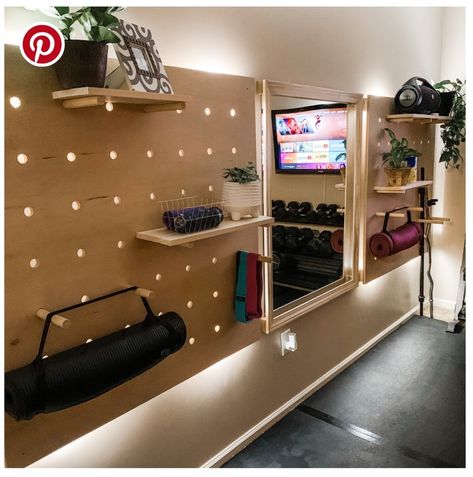 Peg Board Basement Wall, Giant Pegboard Wall, Modern Pegboard, Remodeled Basement, Giant Pegboard, Chill Space, Industrial Basement, Home Gym Basement, Pegboard Wall