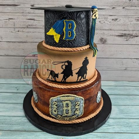 An End-of-Summer Grad Party for this Cowboy! Congratulations 🩵💛🖤 #sugarranch #cake #cakedecorating #gradcake #western #cowboy #teamroping #rodeo #tooledleather #goldbuckle #arizona Ranch Cookies, 2025 Graduation, Team Roping, Graduation Cake, Graduation Cakes, August 17, Grad Party, Cookie Cake, Grad Parties