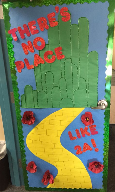 Here's my Wizard of Oz themed door. I saw the "There's no place like second grade" pin and decided to change it just a bit. (But that door is COMPLETELY FAB.) The only thing that's not on here yet are my kiddos' names (they go in the bricks). Oh! And the poppies are attached with Velcro, so when they get knocked off I just stick them back on. The Wizard Of Oz Door Decorations, No Place Like Homecoming Theme, Wizard Of Oz School Decorations, Wizard Of Oz Door Decorations Classroom, Wizard Of Oz Classroom Door, Wizard Of Oz Bulletin Board Ideas, Wizard Of Oz Door Decorations, Wizard Of Oz Classroom Theme, Wizard Of Oz Door