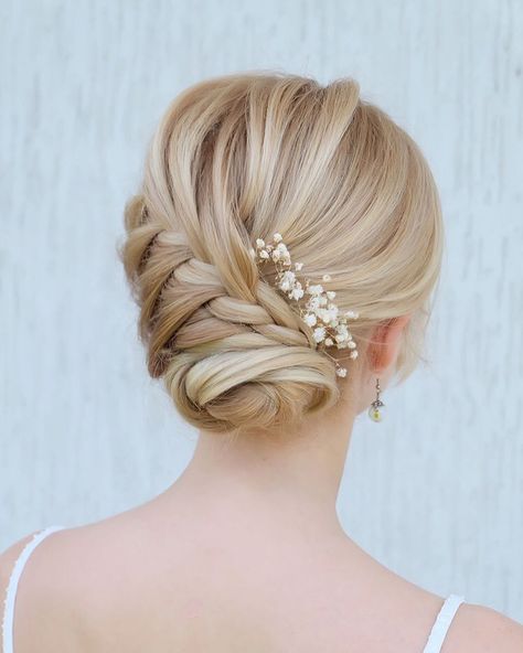 Wedding Updos With Braids: 40+ Best Looks And Expert Tips ★ wedding updos with braids low swept with braid and flowers julia_alesionok Updos With Braids, Side Bun Wedding, Braids Wedding, Side Bun Hairstyles, Side Bun, Wedding Bun Hairstyles, Wedding Updos, Braided Updo Wedding, Baby Breath