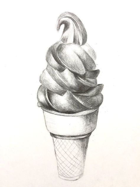 Ice Cream Pencil Drawing, Ice Cream Sketch Drawings, Ice Cream Drawing Realistic, Simple Realistic Drawings, Food Sketch Pencil, Shading Drawing Sketches, Realistic Drawing Pencil, Ice Cream Sketch, Ice Cream Drawing