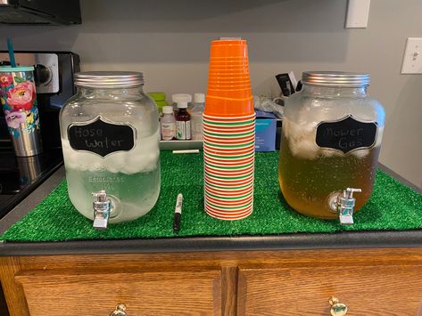 Hose water and lawn mower fuel Lawn Birthday Party, Lawn Mowing Party Theme, Mowing Birthday Party, Lawn Mowing Birthday Party, Mower Birthday Party Ideas, Lawn Mower Birthday Party Decorations, Lawn Mower 2nd Birthday Party, Lawnmower Birthday Party, Lawn Mower Birthday