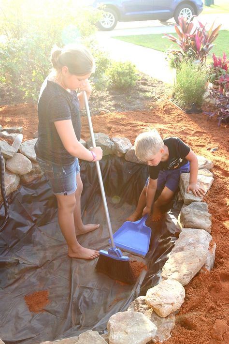 HOW TO Build a Pond & Waterfall Phase 1 (Pretty EASY!) - MomDot Build Pond, Coy Pond, Ponds Ideas, Build A Pond, Backyard Fountain, Easy Landscape, Building A Pond, Garden Pond Design, Diy Pond