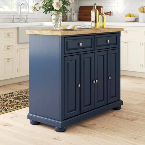 Antonella 42'' Wide Rolling Kitchen Island with Solid Wood Top Small Kitchen Items, Kitchen Drawer Storage, Navy Kitchen, Rolling Kitchen Island, Kitchen Island Cart, Kitchen Storage Shelves, Decoration Tips, Large Cabinet, Small Cabinet