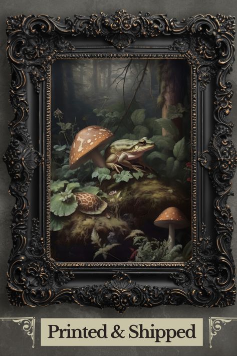 Dive into the mystical allure of our gothic wall art print. A vintage masterpiece, it portrays a frog poised beside a mushroom in the depths of a moody woodland, invoking a sense of ancient magic and enigmatic beauty. Perfect for those who seek the ethereal charm of nature in their home decor. 🌿🖤🍄 Gothic Mushroom, Goblincore Decor, Woodland Painting, Dark Room Decor, Frog Painting, Mushroom Wall Art, Frog Mushroom, Ancient Magic, Mushroom Poster