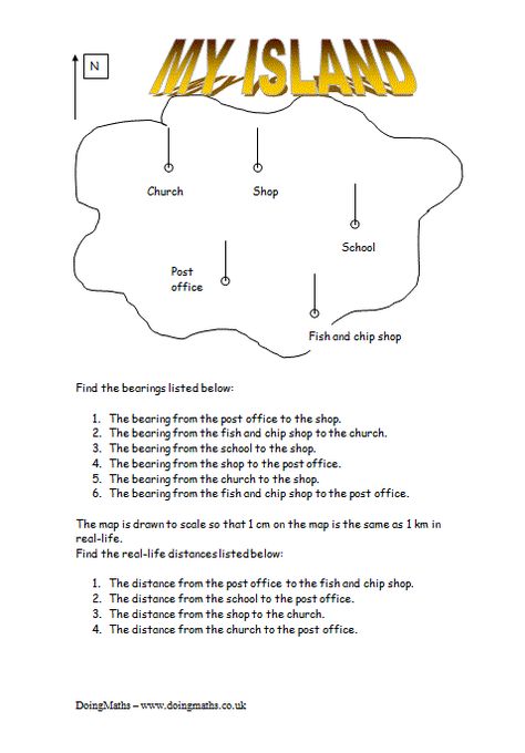 Practise finding bearings and scaling distances on this free maths worksheet. Use a protractor and ruler to calculate the bearing and distance between the given places on the island. Perfect for teachers, parents and students. . . . #maths #math #mathematics #mathsworksheet #mathworksheet #mathsworksheets #mathworksheets #worksheet #worksheets #bearings #scale #bearing #scales #protractor #measuring #angle #angles #free #gcse #teacher Map Math Activities, Globes And Maps Worksheets, Map Grid Worksheet, Bearings Maths, Transformations On Coordinate Plane, Singapore Dimensions Math, Angles Worksheet, Maths Worksheet, Shape Activities