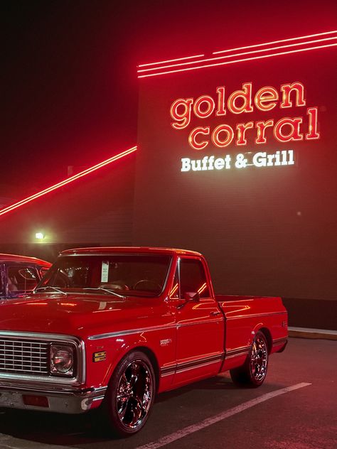 Vintage Red Truck. C10 Chevy. Vintage Car. Red Truck. Old Red Truck. I dont know much about cars, thats my husbands thing, but I do enjoy a nice vintage truck infront of the Golden Corral lights 😉 Red Truck Aesthetic, Old Chevy Truck Aesthetic, Vintage Truck Photography, Old Truck Aesthetic, Red Pickup Truck Aesthetic, Golden Corral, Cool Car Backgrounds, Old Red Truck, Blonde Aesthetic