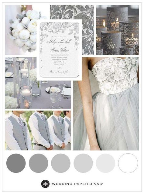 Grey Wedding Theme, Silver Wedding Theme, Gray Wedding Colors, Paper Divas, Wedding Themes Winter, Grey Wedding, Wedding Color Inspiration, Wedding Winter, Wedding Theme Colors