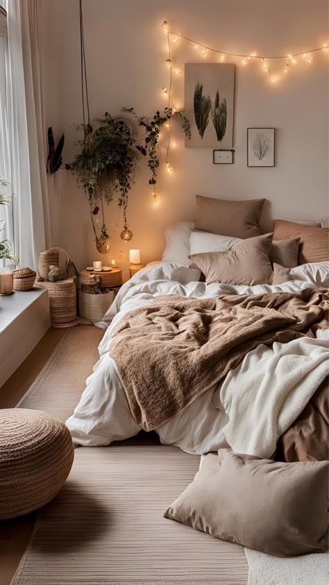 Grey And Brown Room Ideas Bedroom, Coffee Brown Bedroom Ideas, Homey Rooms Cozy Bedroom, Bedroom Decor Brown Walls, Brown Room Furniture Bedroom, Beige Aesthetic Room Ideas Cozy, White And Tan Room Aesthetic, Cosy Girly Bedroom, Light Cosy Bedroom