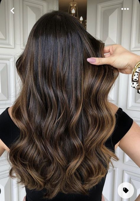 Balage Hair Black, Honey Balyage Long Hair Brunettes, Dark Balayage Hair Caramel, Dark Brown Hair With Caramel Highlights Medium Length, Babylights Hair Brunette, Brown Babylights On Dark Hair, Black Hair Balayage Straight, Black Hair With Babylights, Balayage For Dark Brown Hair Straight