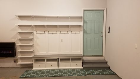 Open Mudroom Laundry Room, Backdoor Mudroom Small Spaces, Turn Garage Into Mudroom, Ikea Garage Mudroom Hack, Mud Area In Garage, Garage Mud Area, Small Garage Mudroom, Small Garage Makeover Ideas, Small Garage Mudroom Ideas