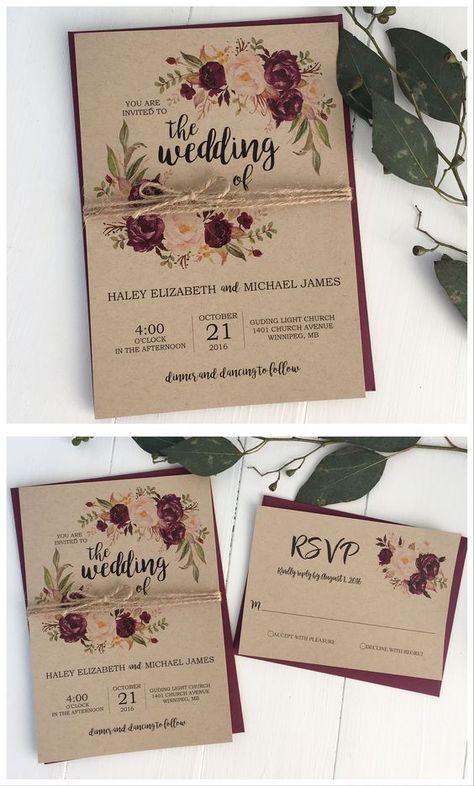 Make Your Own Wedding Invitations, Marsala Wedding Invitation, Kraft Wedding Invitations, Marsala Wedding, Design Invitation, Vintage Invitations, Rustic Invitations, Vintage Wedding Invitations, Rustic Country Wedding