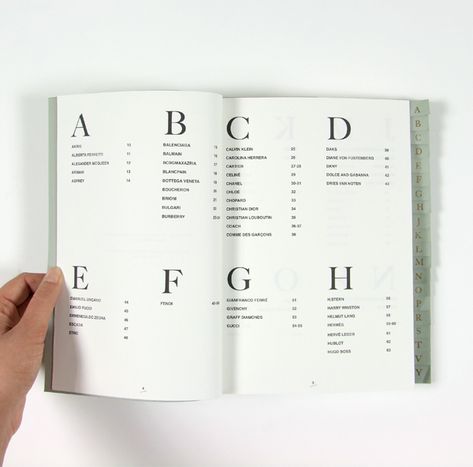 100 Exclusive Brands Index, Mica Martino, typography, book, layout, spread, serif, mint, tabs Dictionary Design Layout, Glossary Design Layout, Dictionary Design, Guidebook Design, Space Layout, Contents Layout, 잡지 레이아웃, Yearbook Layouts, Index Design