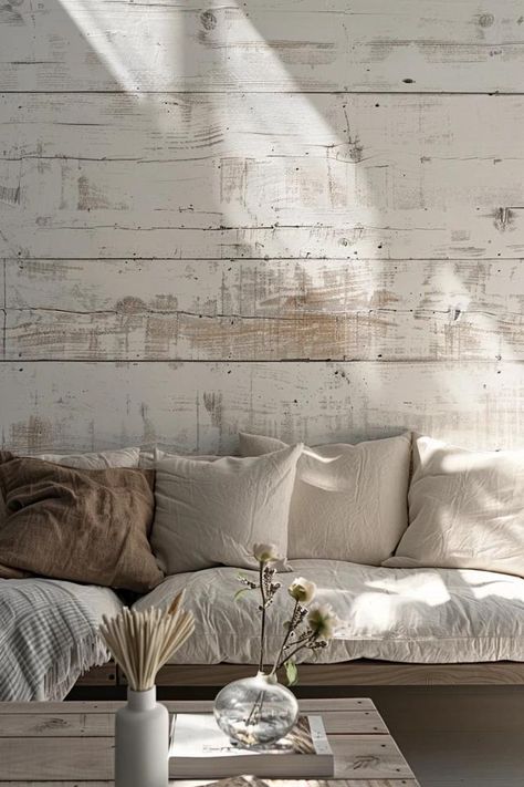 How To Whitewash A Wall For A Rustic Finish Whitewashed Walls Wood, White Wash Wall Paneling, Whitewash Wood Walls Knotty Pine, Rustic White Wall, Whitewashed Log Cabin Interior, Whitewash Pallet Wall, Whitewash Paneling Walls, White Washed Shiplap Wall, Whitewash Shiplap Wall