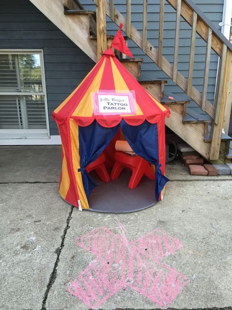 Jolly Roger Tattoo Parlor housed in IKEA circus tent for pirate birthday Fifth Birthday Theme, Jolly Roger Tattoo, Tattoo Parlor, Fifth Birthday, Circus Tent, Pirate Birthday, Tattoo Parlors, Jolly Roger, Birthday Theme