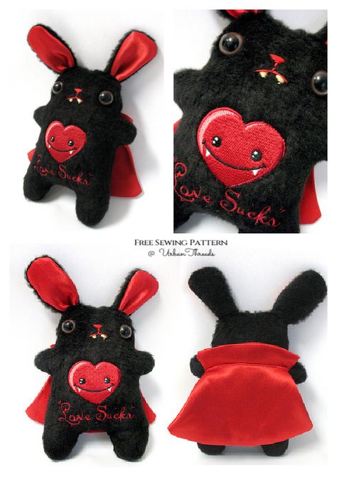 Fabric Vampire Bunny Plushie Free Sewing Pattern | Fabric Art DIY Goth Plushies Diy, Cheesecloth Ghost Diy, Diy Goth Stuffed Animal, Free Plush Sewing Patterns Bat, Bat Plush Pattern Beezeeart, Bat Toy Sewing Pattern, Fabric Sewing Patterns, Quilt Sewing Patterns, Ribbon Yarn