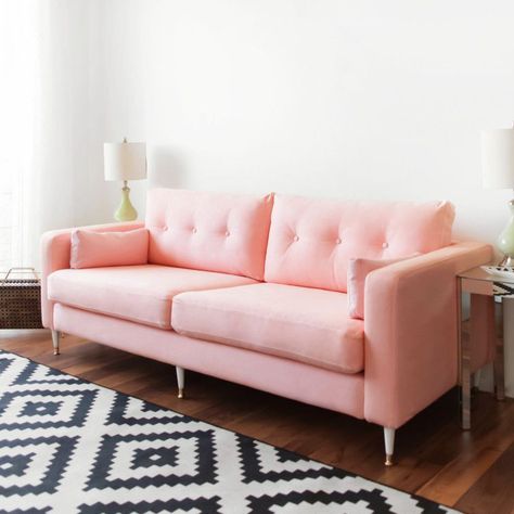 Millennial Pink Sofa, an IKEA Hack, $300 Karlstad sofa hack using Rit Dye in petal pink, lemon yellow and tan and different legs. Mid Century Modern Furniture Makeover, Modern Furniture Makeover, Rosa Sofa, Sofa Ikea, Karlstad Sofa, Sofa Makeover, Ikea Sofas, Ikea Couch, Pink Couch