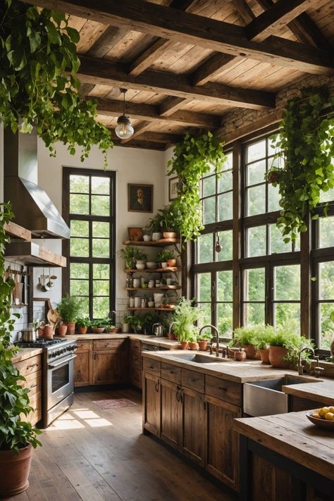 House Interior Earthy, Moody Cottage Core Kitchen, Cozy Kitchen Inspiration, Industrial Interior Design Style, Earthling Aesthetic, Homestead Home Decor, Modern House With Plants, Wood Cottage Kitchen, Homestead Kitchen Design