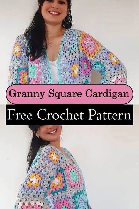 This project is perfect for beginner crocheters and a great way to experiment with color combinations and yarn. You'll be the chicest girl in a cute crochet granny square cardigan at the dinner party. With just one size, it's easy to adjust. This will surely be your go-to crochet Granny Square Jacket pattern! Granny Square Cardigan Template, Granny Square Jackets, Crochet Pattern Granny Square Cardigan, Crochet Granny Square Cardigan Free, Crochet Granny Square Jacket Pattern, Crochet Baby Cardigan Free Pattern Granny Square, Granny Square Cardigan Free Pattern, Granny Square Hoodie Pattern, Granny Square Jacket Pattern Free