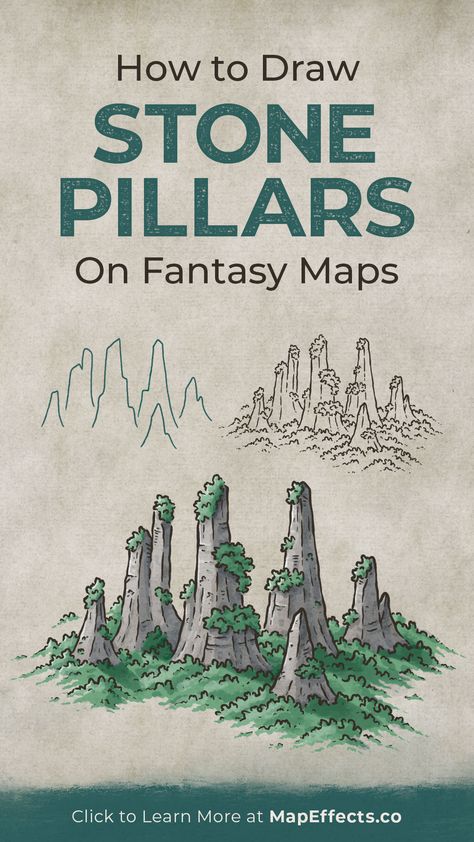 How to Draw Stone Pillars on Your Fantasy Maps - Map Effects Tutorial for "Avatar Mountains" Fantasy Drawing Tutorial, Fanticy Map, Fantasy Map Landmarks, Fantasy Island Map Drawing, Maps Fantasy World, Fantasy Maps Drawing Ideas, Things To Add To Your Fantasy Map, You Can Draw This, Drawing Fantasy Maps