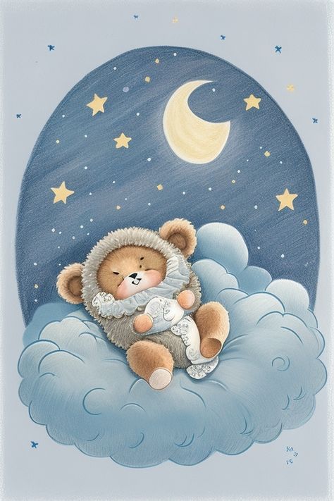 DreamShaper v7 Baby bear sleeping on a cloud stars full moon 0 Star Cloud, Baby Bear, Full Moon, Storytelling, Sleep, Moon, Stars