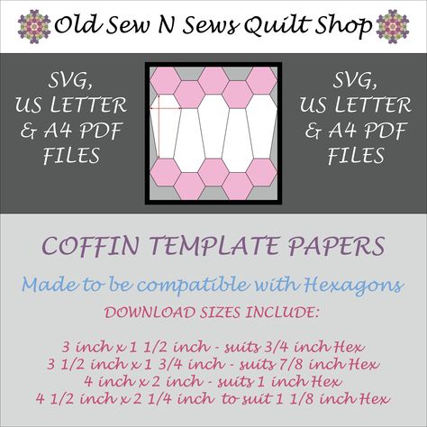 COFFIN EPP TEMPLATES - HEXAGON COMPATIBLE It’s never too late to start on a project for next years HalloweenCoffin Quilts have a long history with examples being seen from the American Civil War.We are making good use of them now, with other Coffin T... English Paper Piecing Coffin, Coffin Quilt Template, Coffin Template, Coffin Quilt, Never Too Late To Start, Halloween Coffin, Diy Things, Halloween 2023, Hustle Ideas