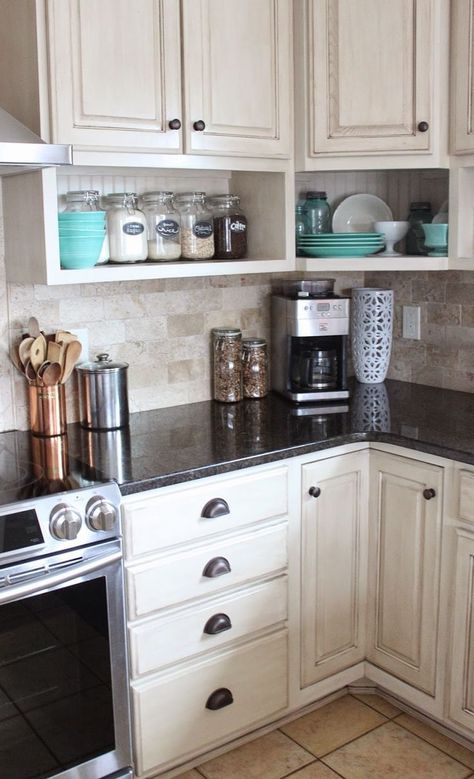 raised wall cabinets with shelves built underneath. Namely Original: Painted Kitchen And Remodel Reveal Kabinet Dapur, Farmhouse Kitchen Cabinets, Kitchen Cabinets Makeover, Kitchen Redo, Kitchen Paint, White Kitchen Cabinets, Open Shelves, Counter Tops, Decor Minimalist