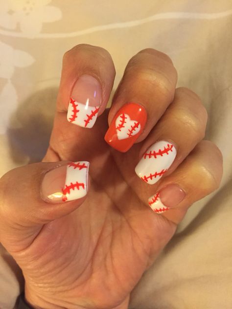 Baseball Nails Orioles Nail Design, Orange Baseball Nails, Pink Baseball Nails, Baseball French Tip Nails, Baseball Nails Acrylic, Baseball Acrylic Nails, Baseball Mom Nails, Baseball Nails Design Mom, Phillies Nails