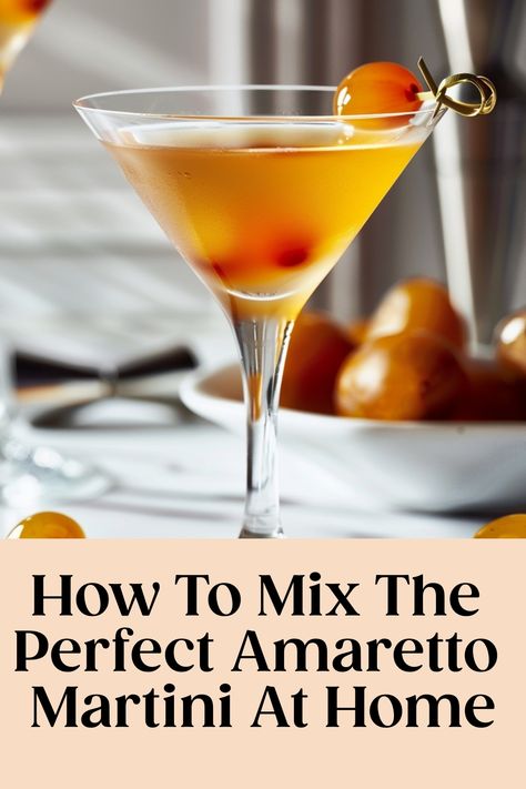 Amaretto martini garnished with cherries, with text "How To Mix The Perfect Amaretto Martini At Home". Holiday Amaretto Drinks, Italian Martini Recipe, Amaretto Martini, Pistachio Martini Recipe, Amaretto Cocktails, Amaretto Drinks, Sweet Martini, Christmas Martini, Espresso Martini Recipe