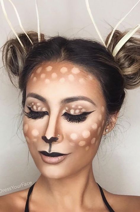 Doe Costume Women, Deer Costume Women Diy, Doe Makeup Halloween, Simple Deer Makeup, Deer Face Paint, Deer Makeup Halloween, Doe Makeup, Deer Halloween Makeup, Deer Halloween Costumes