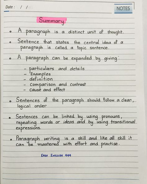 Paragraph summary #english #grammar #englishlanguage English Language Techniques, English Paragraph Writing, Paragraph Writing Activities, English Letter Writing, Summary Template, English Notes, Learn Handwriting, English Grammar Notes, English Essay