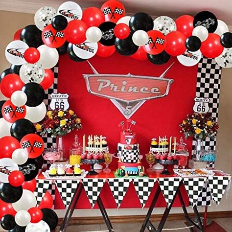 Racing Car Theme Party Decorations Checkered Flag Balloons Garland Kit Red and Black Race Car 1st 2nd Birthday Decorations : Amazon.co.uk: Toys & Games Boy Birthday Favors, Race Car Party Decorations, Cars Birthday Party Decorations, Birthday Party Balloons, Disney Cars Birthday, Car Themed Parties, Car Birthday Theme, Race Car Birthday Party, Cars Theme Birthday Party