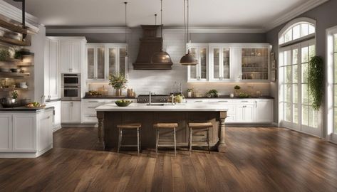 Brown Wood Floors, Dark Brown Wood Floors, Distressed Wood Floors, Dark Brown Floor, White Oak Cabinets, Wood Floor Kitchen, Brown Floors, Oak Cabinets, How To Distress Wood