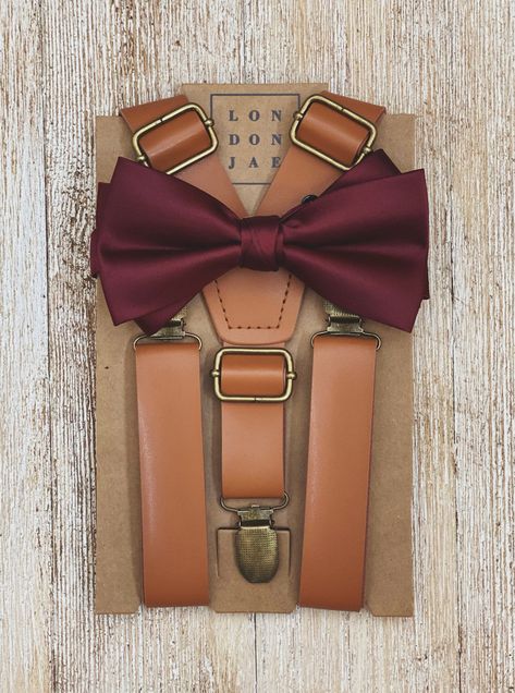 "PROCESSING TIMES ARE NOW 3-7 BUSINESS DAYS. Wedding season is here and we are working hard to make and fulfill your order! We appreciate your patience. We do have expedited options available if needed otherwise it may take up to 7 business days to get your package to the post office. Happy Weddings! : ) This 1\" width caramel adjustable faux leather suspenders with burgundy wine satin bow tie set is perfect for your groomsmen, ring bearers, family photos or just because! **Suspenders and bow ti Fall Ring Bearer Outfit, Groomsmen Ring, Burgundy Bow Tie, Suspenders Wedding, Ring Bearers, Leather Suspenders, Party Attire, Brown Wedding, Wedding 2024